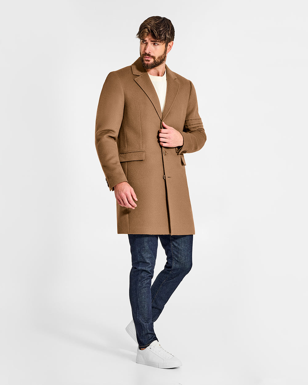 Sentaler Baby Alpaca Notched Lapel Dark Camel Overcoat in Technical Baby Alpaca wool. Seen from side on male model.