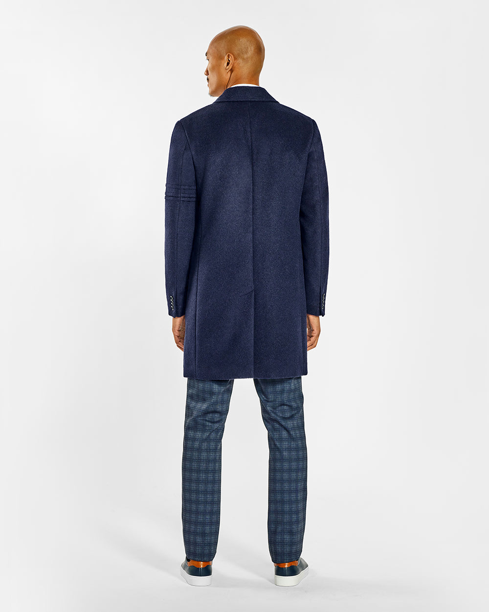 Sentaler Baby Alpaca Notched Lapel Deep Navy Overcoat in Technical Baby Alpaca wool. Seen from back on male model.