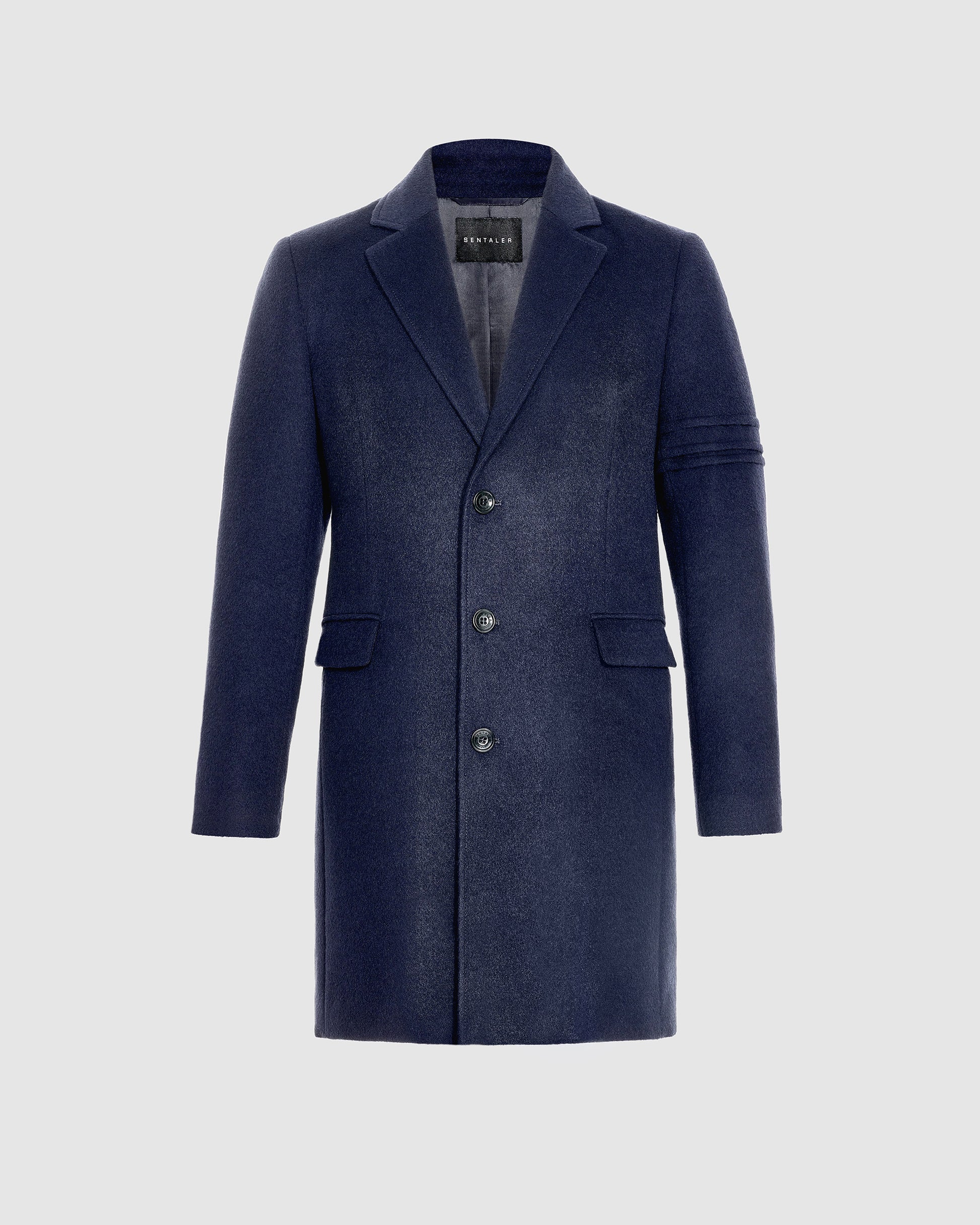 Sentaler Baby Alpaca Notched Lapel Deep Navy Overcoat in Technical Baby Alpaca wool. Seen as off-figure.