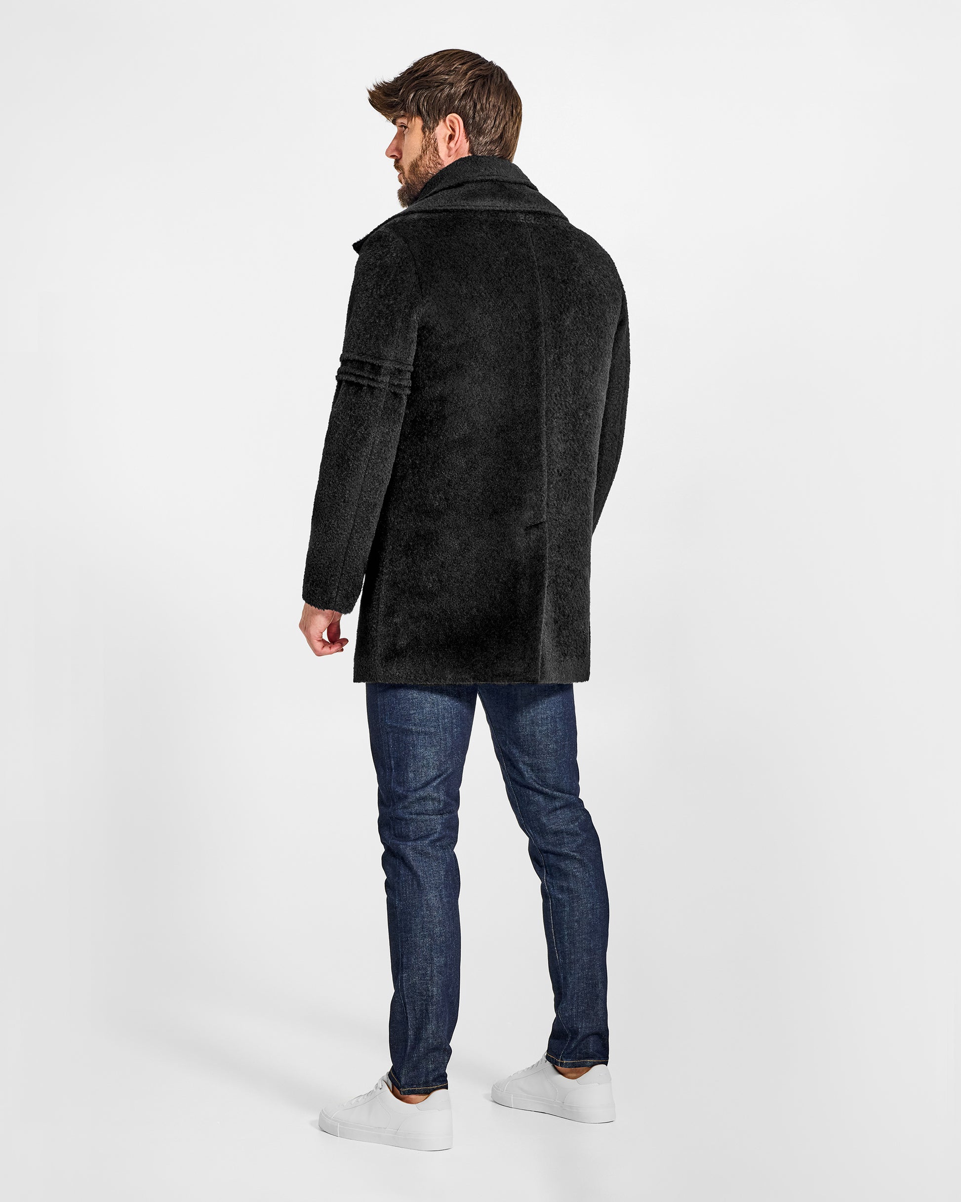 Sentaler Double Collar Black Topcoat in Bouclé Alpaca wool. Seen from back on male model, worn buttoned.