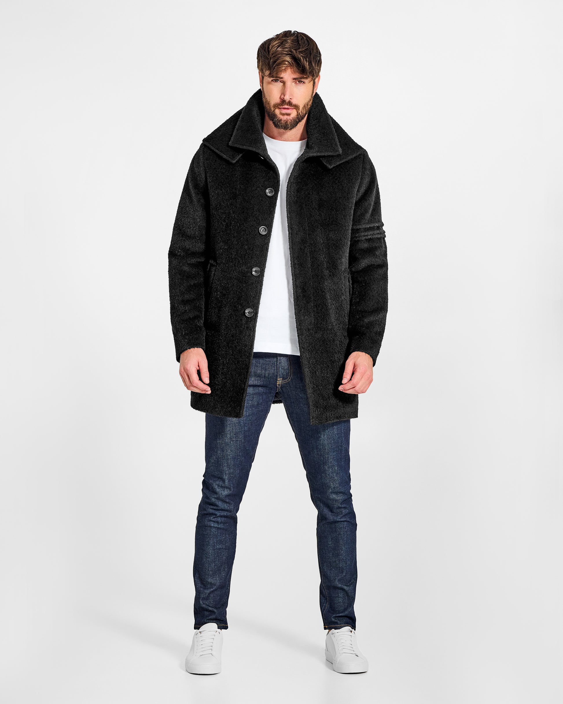 Sentaler Double Collar Black Topcoat in Bouclé Alpaca wool. Seen from front on male model, worn open.