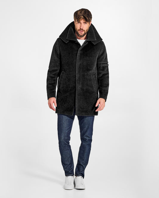 Sentaler Double Collar Black Topcoat in Bouclé Alpaca wool. Seen from front on male model, worn buttoned.