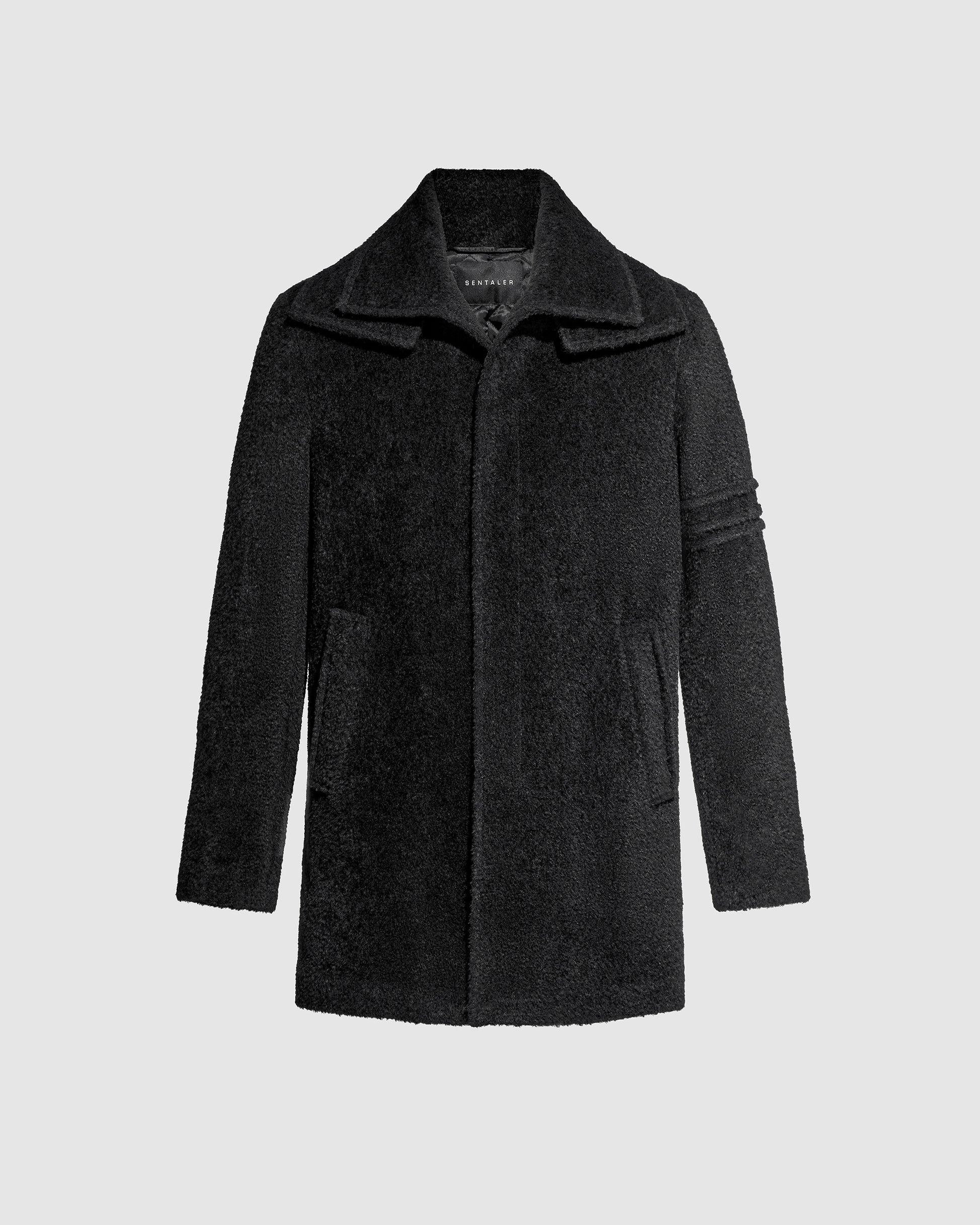 Sentaler Double Collar Black Topcoat in Bouclé Alpaca wool. Seen off-figure.