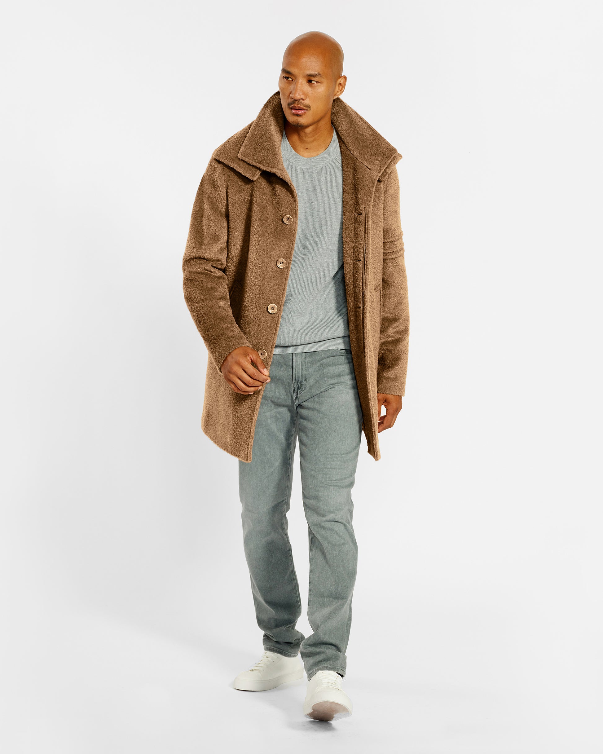 Sentaler Double Collar Dark Camel Topcoat in Bouclé Alpaca wool. Seen front on male model, worn open.