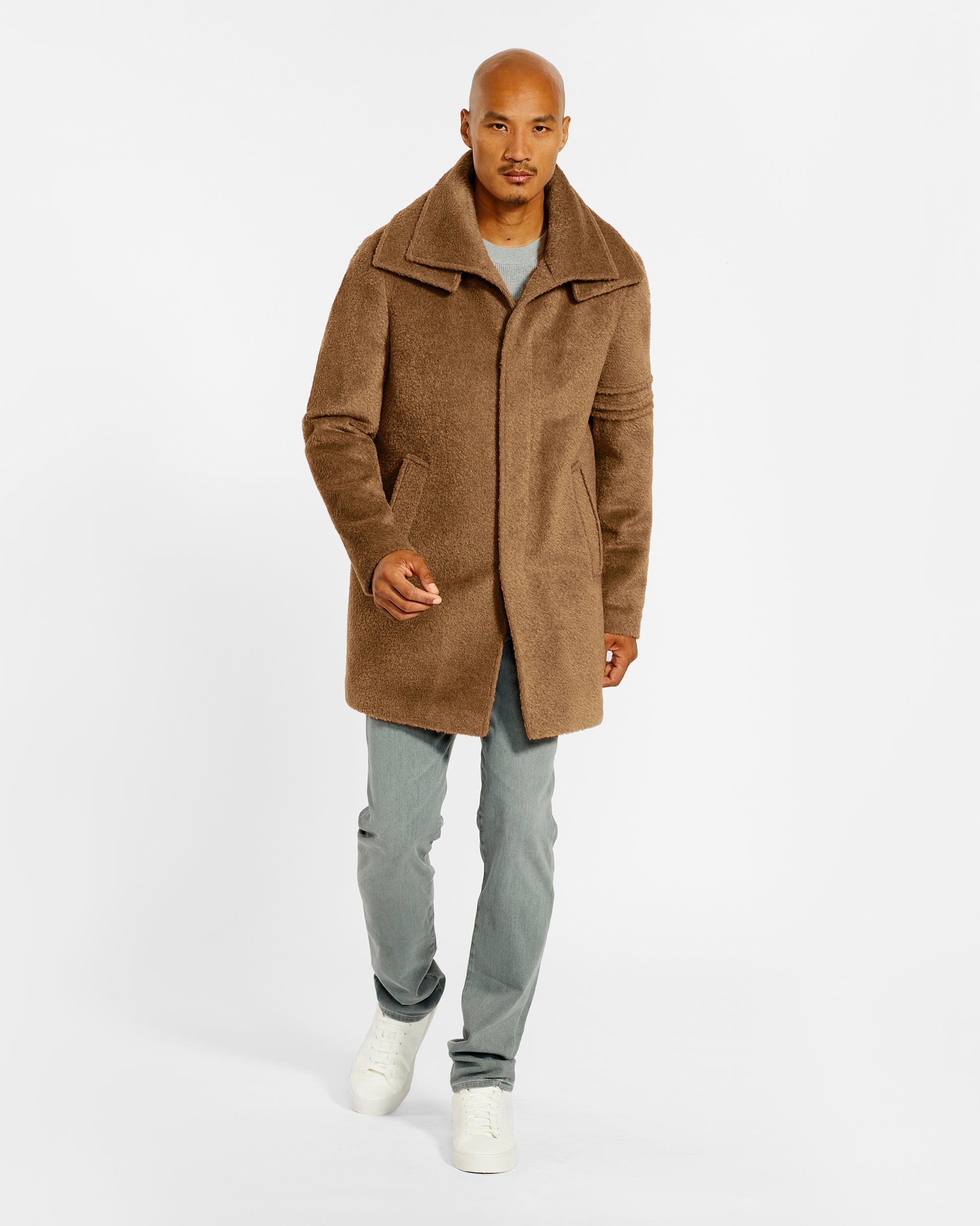 Sentaler Double Collar Dark Camel Topcoat in Bouclé Alpaca wool. Seen front on male model, worn buttoned.