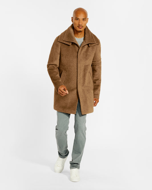 Sentaler Double Collar Dark Camel Topcoat in Bouclé Alpaca wool. Seen front on male model, worn buttoned.