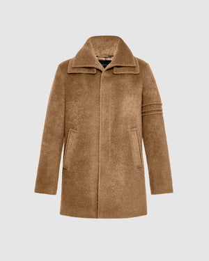 Sentaler Double Collar Dark Camel Topcoat in Bouclé Alpaca wool. Seen as off-figure.