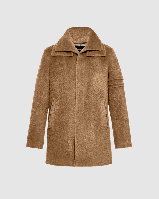 Sentaler Double Collar Dark Camel Topcoat in Bouclé Alpaca wool. Seen as off-figure.