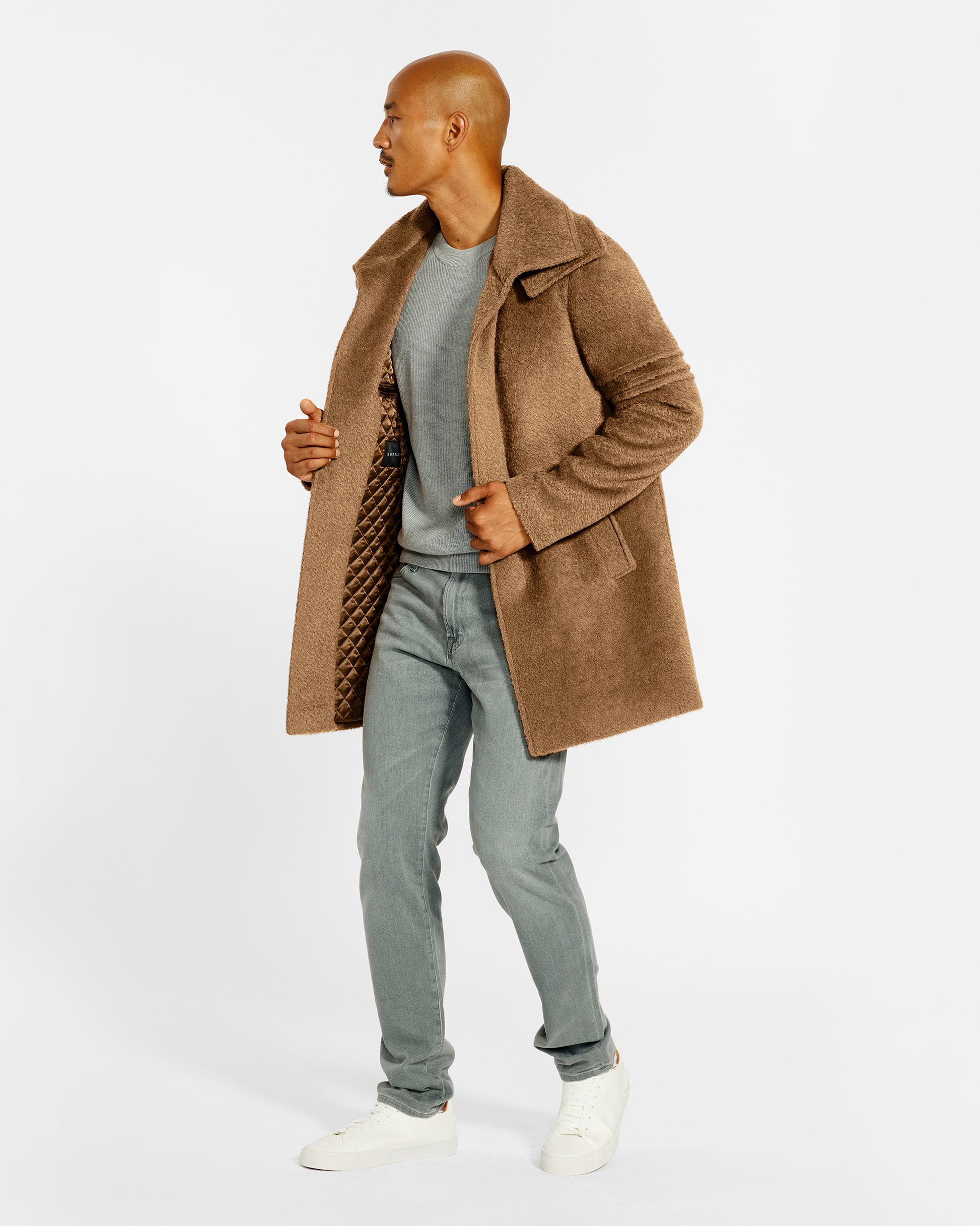 Sentaler Double Collar Dark Camel Topcoat in Bouclé Alpaca wool. Seen side on male model, worn open.