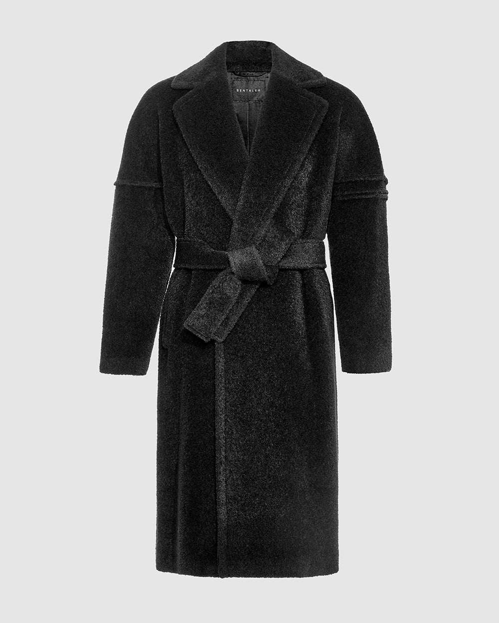 Sentaler Bouclé Alpaca Robe Black Coat in Technical Bouclé Alpaca wool. Seen as belted off figure.