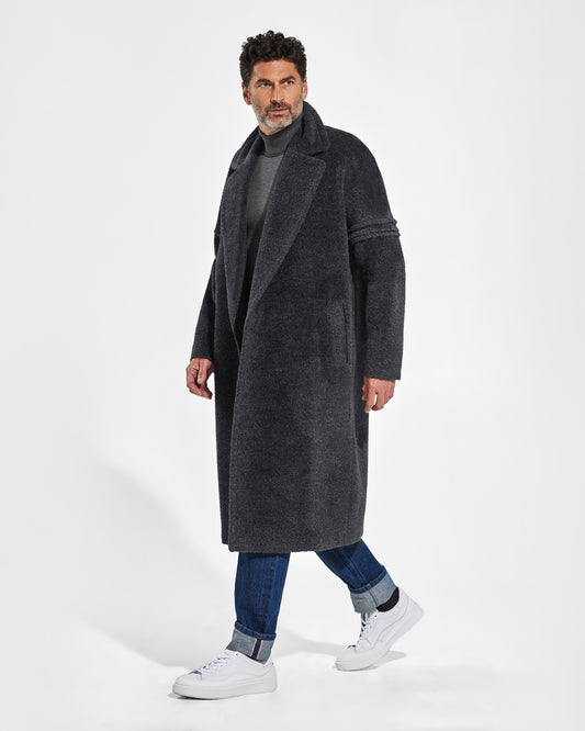 Sentaler Bouclé Alpaca Robe Charcoal Grey Coat in Technical Bouclé Alpaca wool. Seen from side on male model.