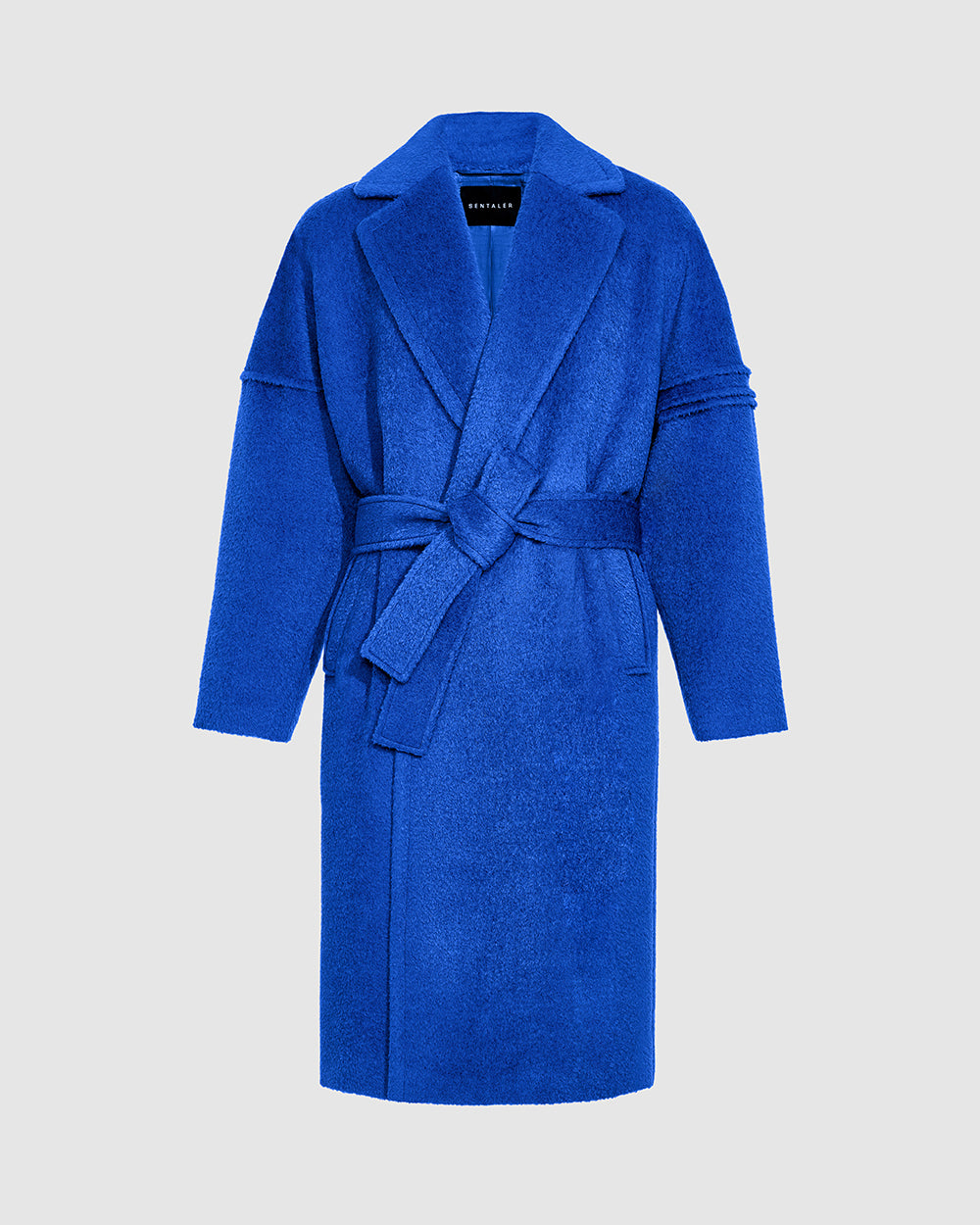 Sentaler Bouclé Alpaca Robe Cobalt Blue Coat in Technical Bouclé Alpaca wool. Seen as belted off figure.