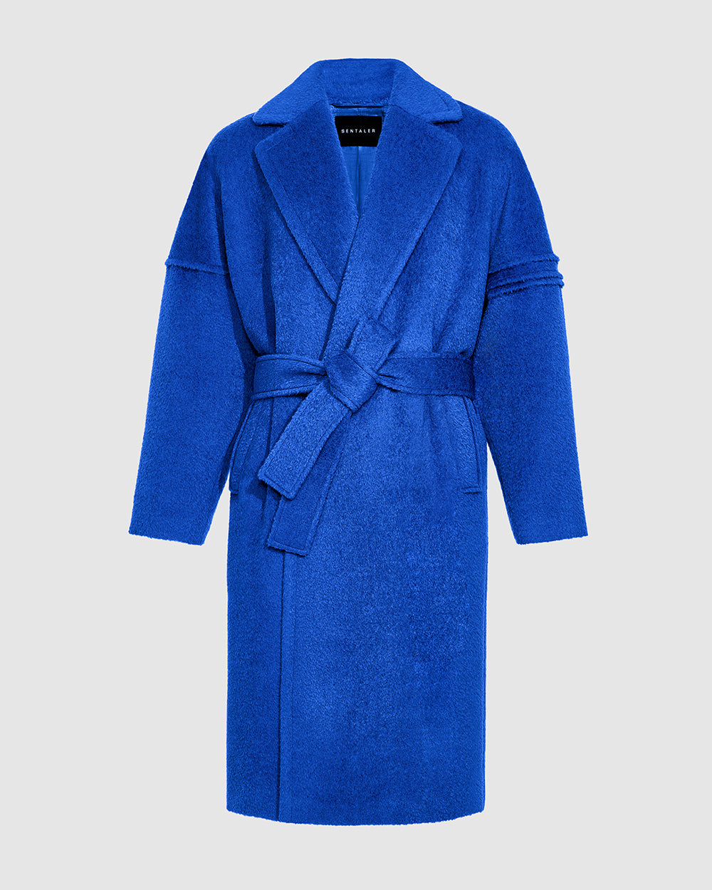 Sentaler Bouclé Alpaca Robe Cobalt Blue Coat in Bouclé Alpaca wool. Seen as belted off figure.