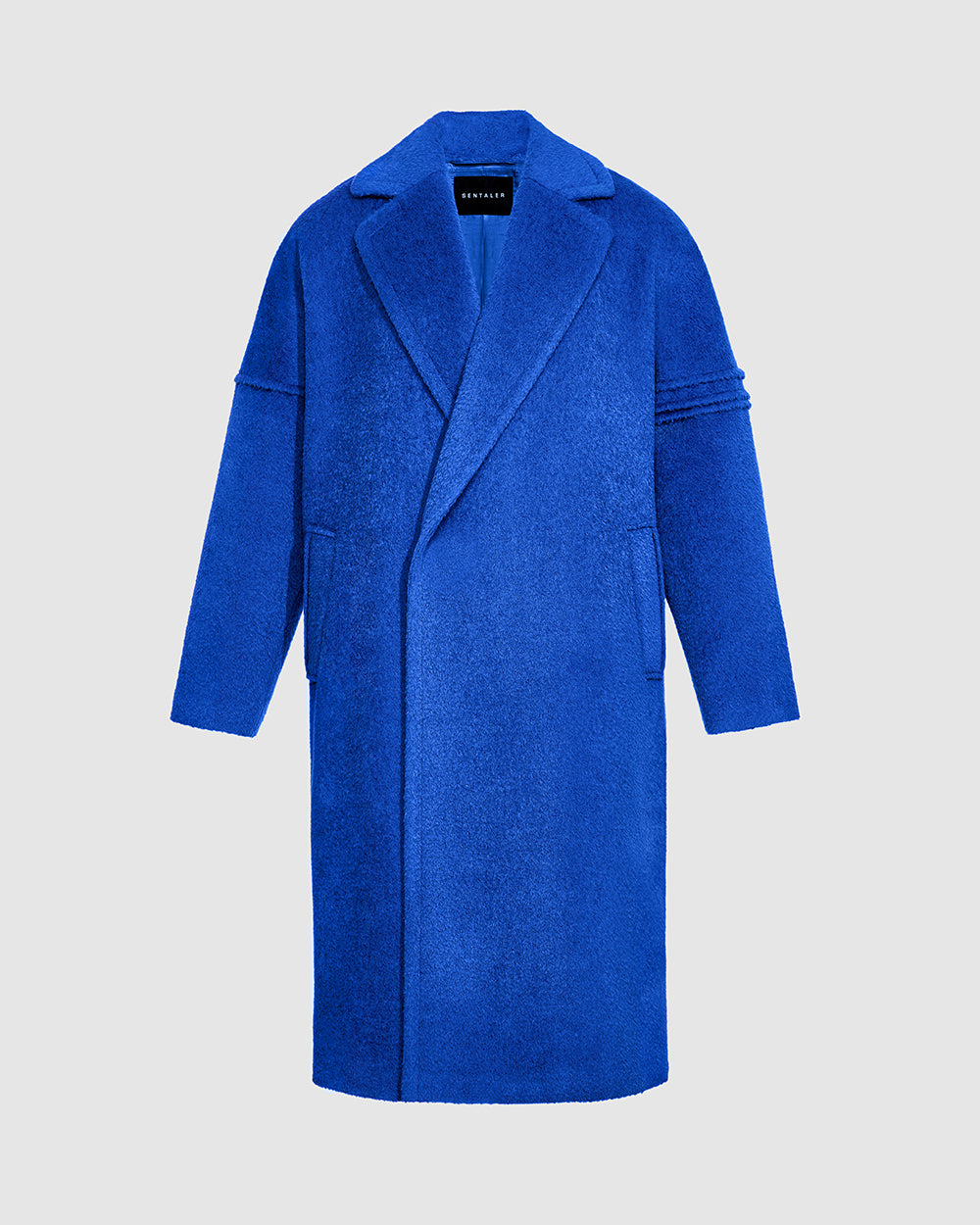 Sentaler Bouclé Alpaca Robe Cobalt Blue Coat in Technical Bouclé Alpaca wool. Seen as off figure.