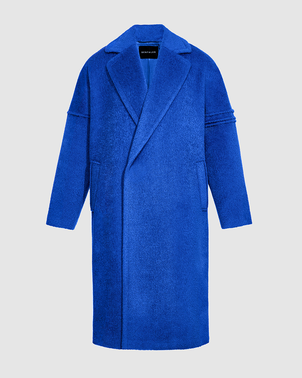 Sentaler Bouclé Alpaca Robe Cobalt Blue Coat in Bouclé Alpaca wool. Seen as off figure.