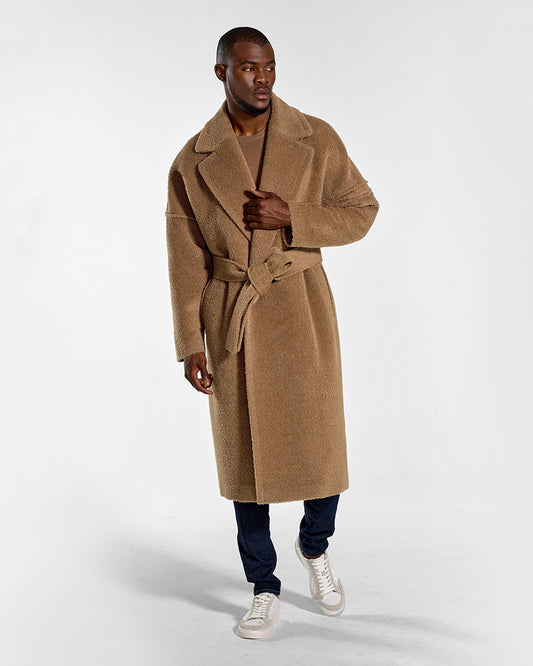 Sentaler Bouclé Alpaca Robe Dark Camel Coat in Technical Bouclé Alpaca wool. Seen from front belted on male model.