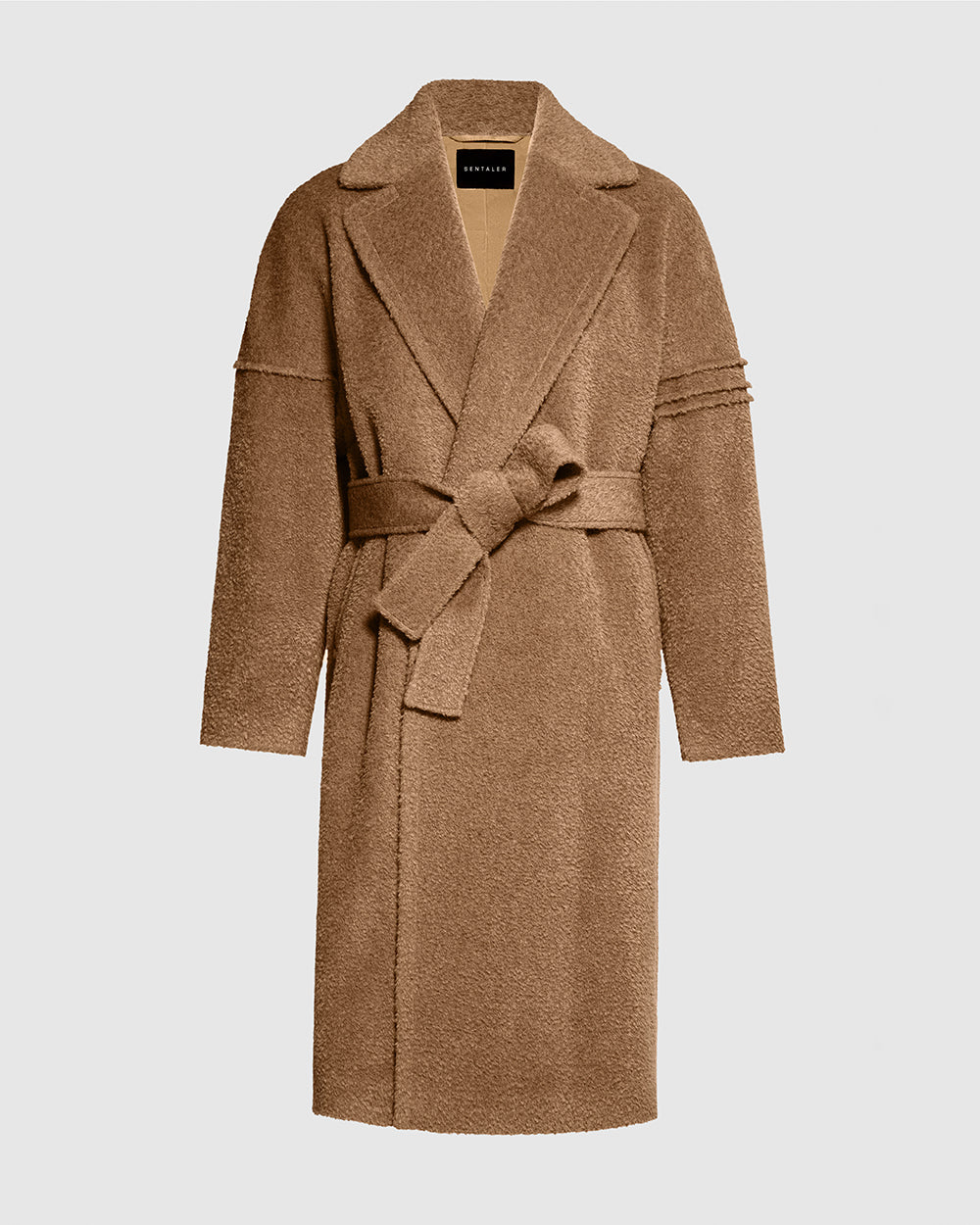 Sentaler Bouclé Alpaca Robe Dark Camel Coat in Technical Bouclé Alpaca wool. Seen as belted off figure.