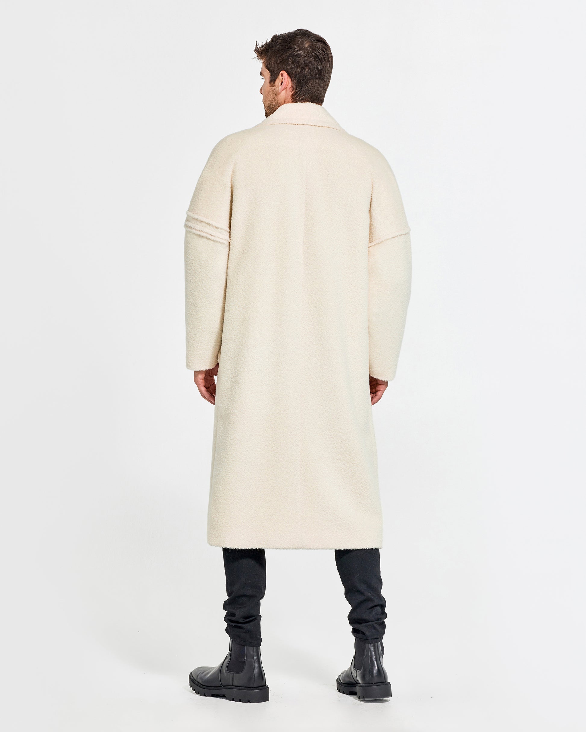 Sentaler Bouclé Alpaca Robe Ivory Coat in Technical Bouclé Alpaca wool. Seen from back on male model.