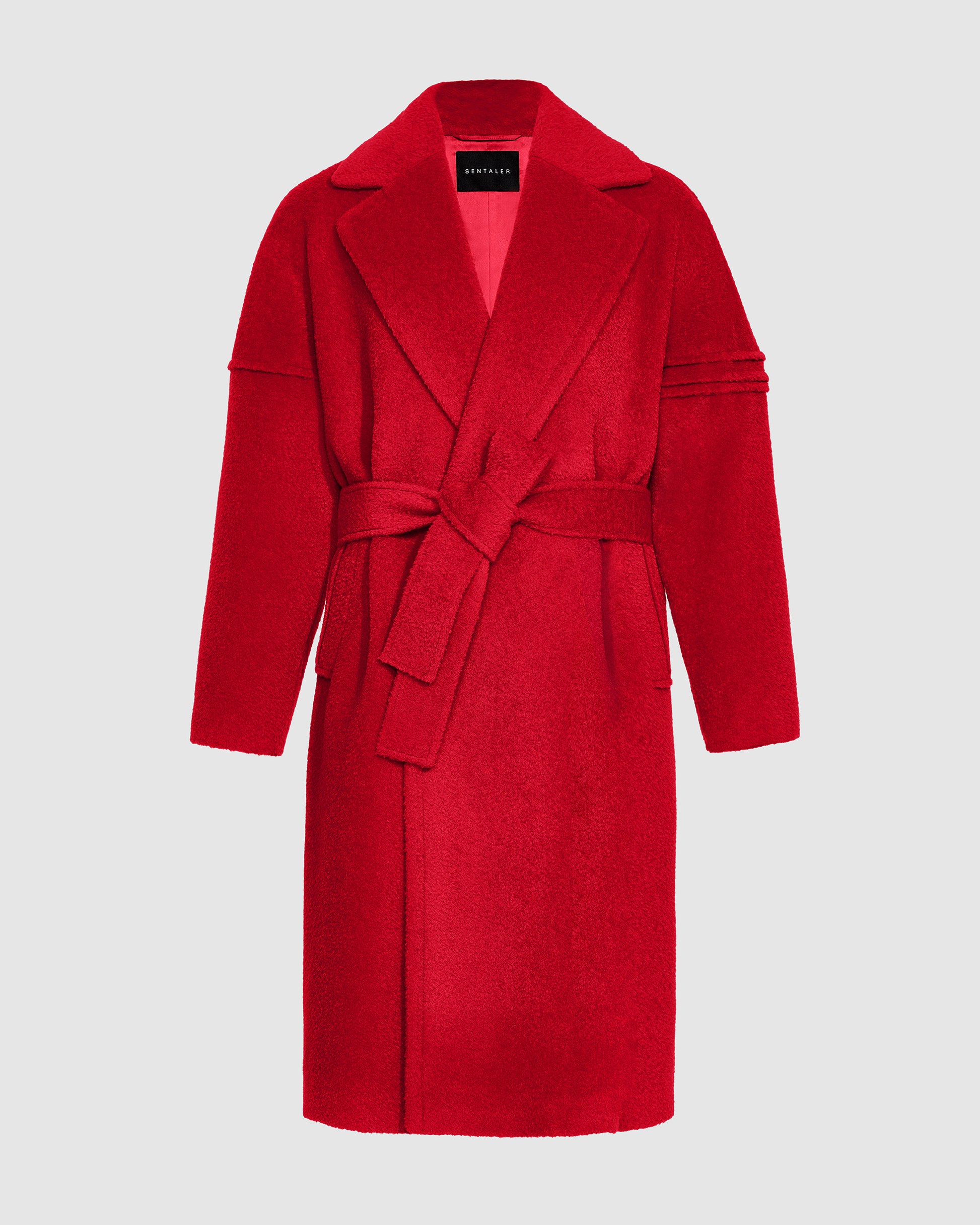 Sentaler Bouclé Alpaca Robe Red Coat in Technical Bouclé Alpaca wool. Seen as belted off figure.