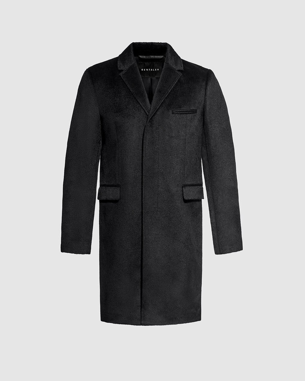 Sentaler Suri Alpaca Notched Lapel Black Overcoat in Technical Suri Alpaca wool. Seen as off figure.