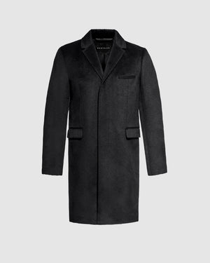 Sentaler Notched Lapel Black Overcoat in Suri Alpaca wool. Seen as off-figure.