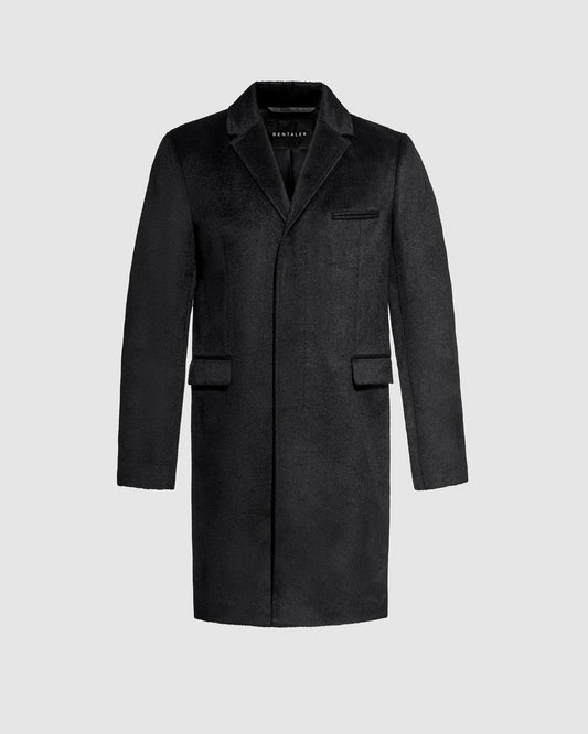 Sentaler Notched Lapel Black Overcoat in Suri Alpaca wool. Seen as off-figure.