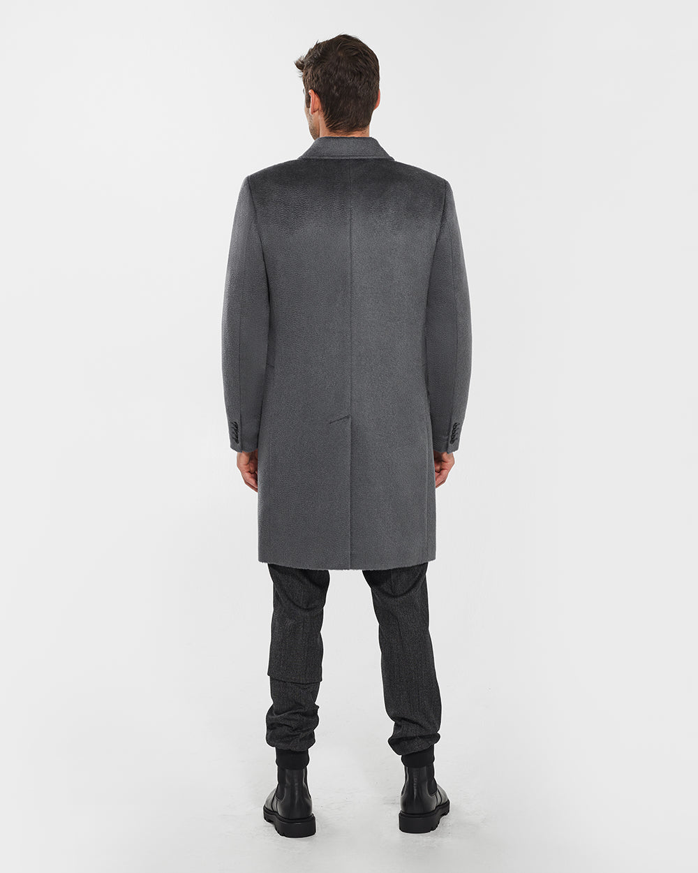 Sentaler Suri Alpaca Notched Lapel Bold Graphite Overcoat in Technical Suri Alpaca wool. Seen from back on male model.