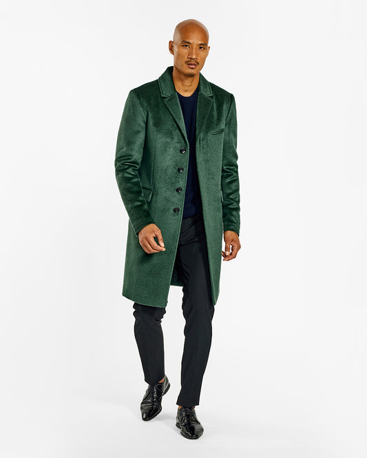 Sentaler Suri Alpaca Notched Lapel Deep Emerald Overcoat in Technical Suri Alpaca wool. Seen from front open on male model.