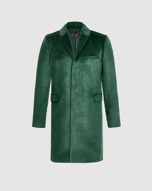 Sentaler Suri Alpaca Notched Lapel Deep Emerald Overcoat in Technical Suri Alpaca wool. Seen as off figure.