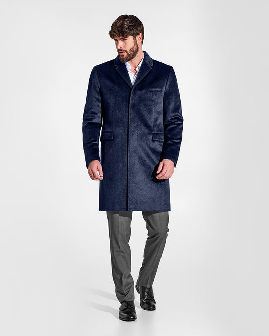 Sentaler Suri Alpaca Notched Lapel Deep Navy Overcoat in Technical Suri Alpaca wool. Seen from front on male model. 