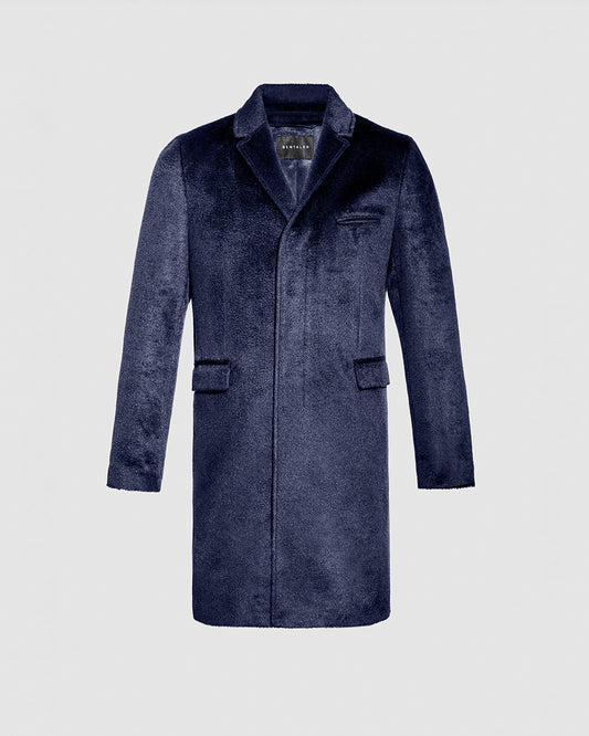 Sentaler Suri Alpaca Notched Lapel Deep Navy Overcoat in Technical Suri Alpaca wool. Seen as off figure. 