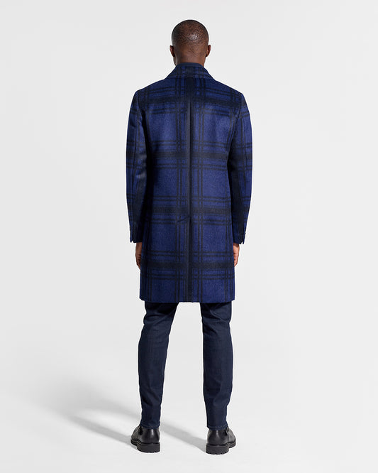 Sentaler Suri Alpaca Notched Lapel Navy Plaid Overcoat in Technical Suri Alpaca wool. Seen from back on male model.