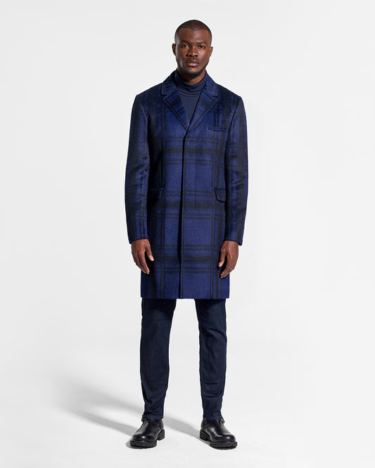 Sentaler Suri Alpaca Notched Lapel Navy Plaid Overcoat in Technical Suri Alpaca wool. Seen from front on male model.