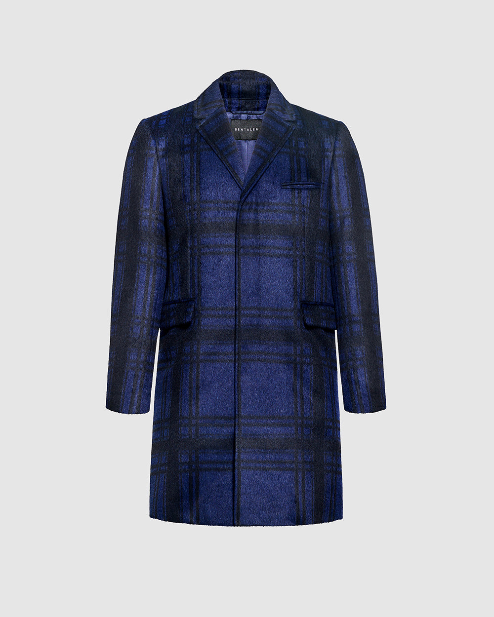 Sentaler Suri Alpaca Notched Lapel Navy Plaid Overcoat in Technical Suri Alpaca wool. Seen as off figure.