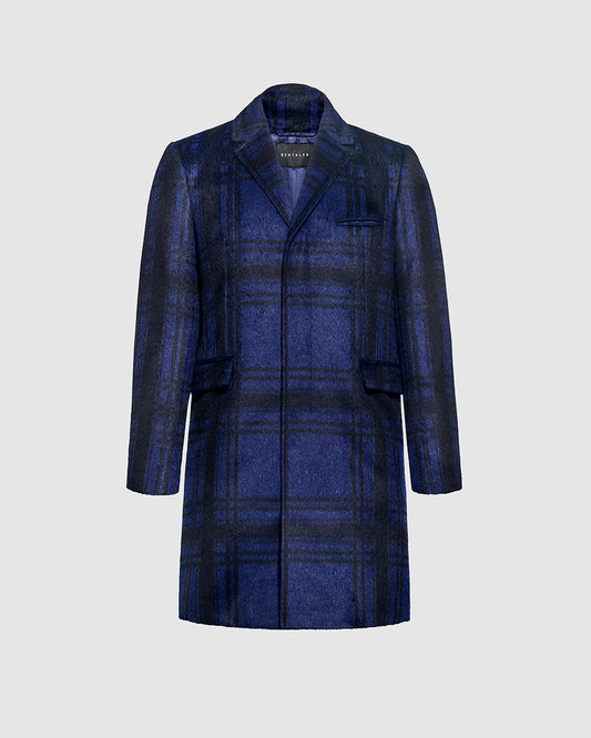 Sentaler Suri Alpaca Notched Lapel Navy Plaid Overcoat in Technical Suri Alpaca wool. Seen as off figure.