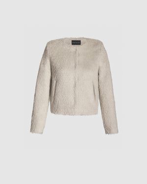 Sentaler moto oat jacket made of textured suri alpaca wool, buttoned.