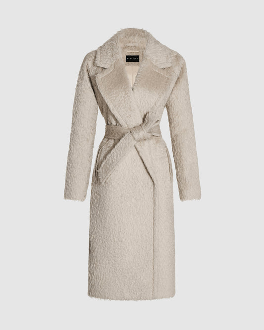 Sentaler Oat notched collar coat made of textured suri alpaca wool with long raglan sleeves, belted.
