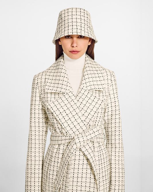Sentaler Tweed Ivory Check Bucket Hat in Tweed Baby Alpaca wool. Seen from front close-up on female model.