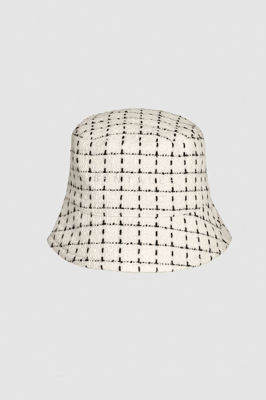 Sentaler Tweed Ivory Check Bucket Hat in Tweed Baby Alpaca wool. Seen as off figure.