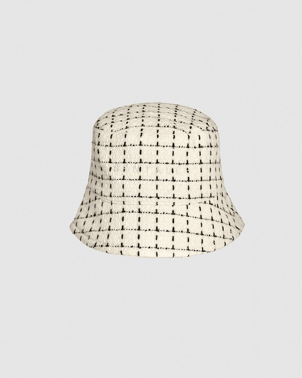 Sentaler Tweed Ivory Check Bucket Hat in Tweed Baby Alpaca wool. Seen as off figure.