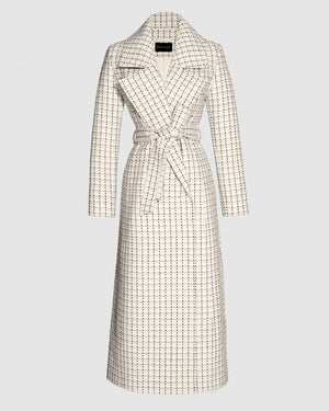 Sentaler ivory check maxi coat made of suri alpaca wool with a notched collar, belted.