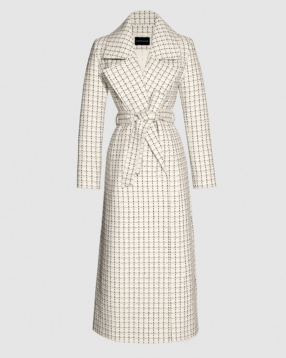 Sentaler Tweed Maxi Notched Collar Wrap Ivory Check Coat in Tweed Baby Alpaca wool. Seen as belted off figure.