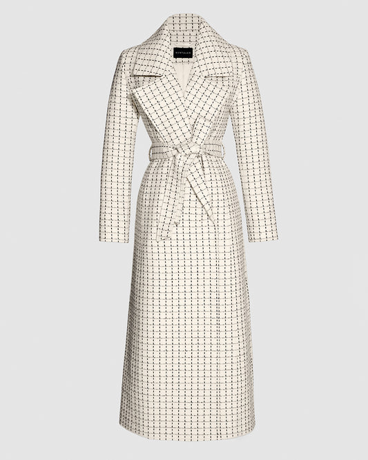 Sentaler Tweed Maxi Notched Collar Wrap Ivory Check Coat in Tweed Baby Alpaca wool. Seen as belted off figure.