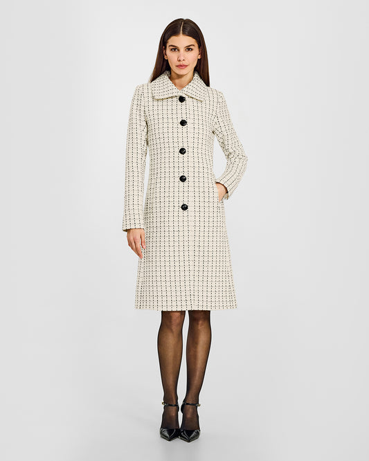 Sentaler Tweed Alpaca A-line Ivory Check Coat in Tweed Baby Alpaca wool. Seen from front on female model.