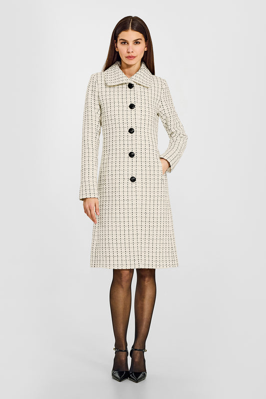 Sentaler Tweed Alpaca A-line Ivory Check Coat in Tweed Baby Alpaca wool. Seen from front on female model.