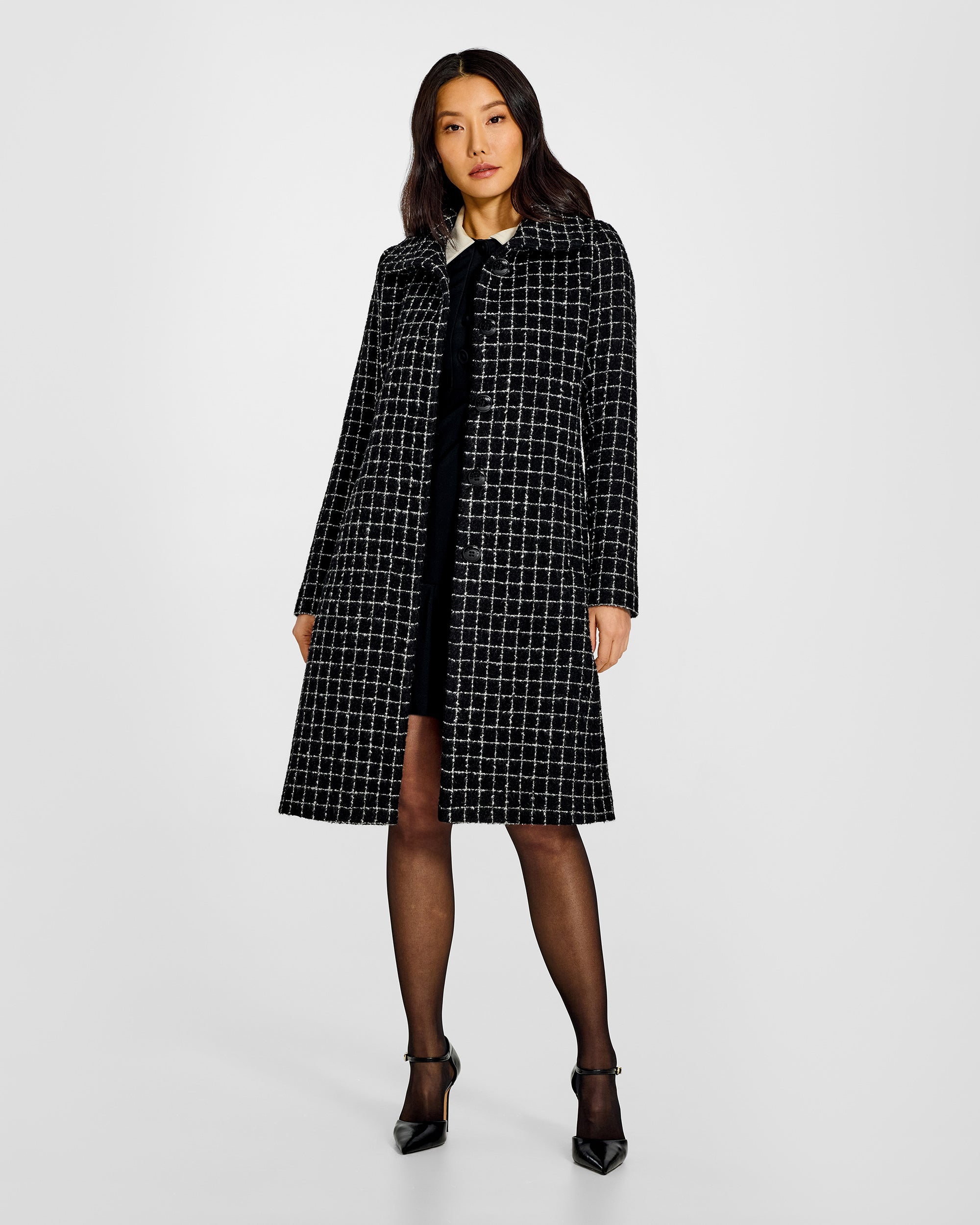 Tweed Alpaca Empire Waist A-line Black Check Coat | SENTALER