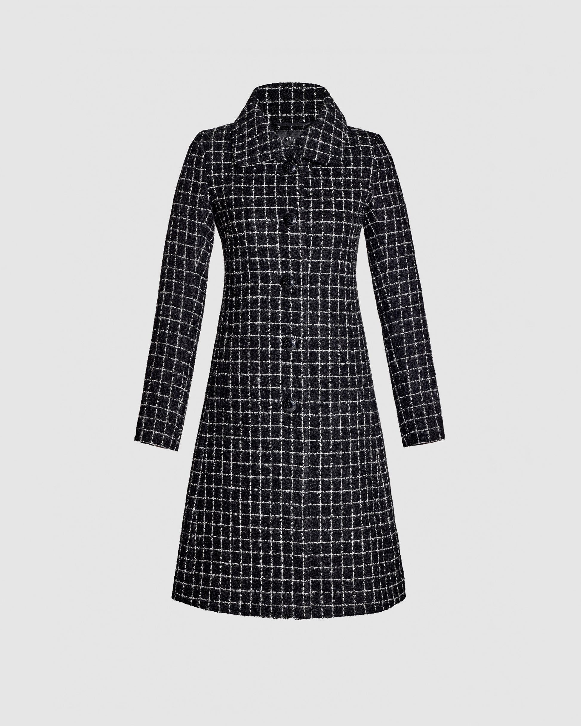 Sentaler black check A-line coat made of tweed suri alpaca wool with empire waist, buttoned.