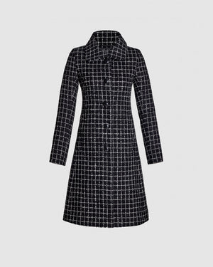 Sentaler black check A-line coat made of tweed suri alpaca wool with empire waist, buttoned.