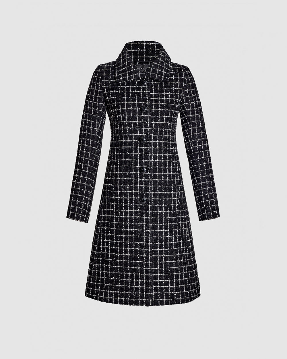 Sentaler Tweed Alpaca A-line Black Check Coat in Tweed Suri Alpaca wool. Seen as off figure.