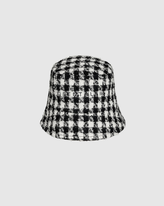 Sentaler Tweed Bucket Black & White Houndstooth Hat in Tweed Suri Alpaca wool. Seen as off figure.